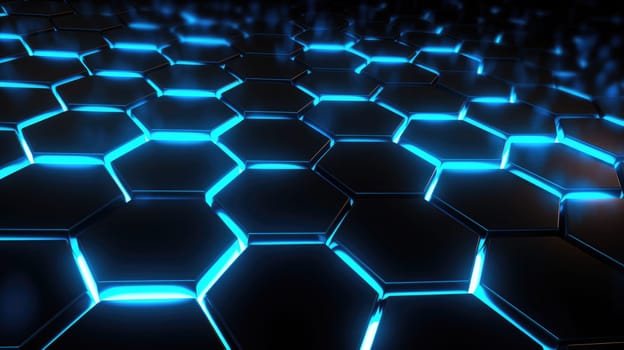 Abstract dark hexagon blue neon background technology style. Modern futuristic honeycomb concept AI