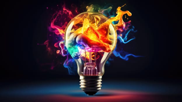 Creative light bulb explodes with colorful paint and colors AI