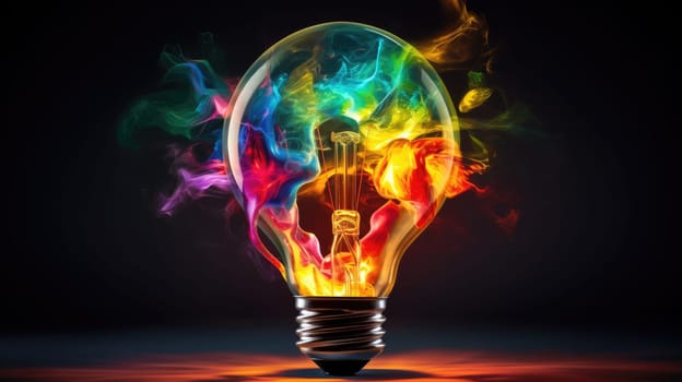 Creative light bulb explodes with colorful paint and colors AI