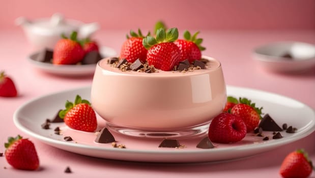 Panna cotta with strawberries, and chocolate chunks on a pastel pink background, Valentine's Day, bright, delicate details