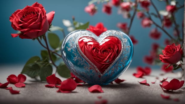 Valentine's Day greeting card with a red heart and roses on a blue gorgeous background