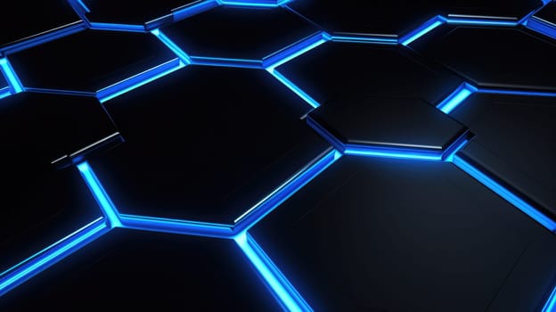 Abstract dark hexagon blue neon background technology style. Modern futuristic honeycomb concept AI