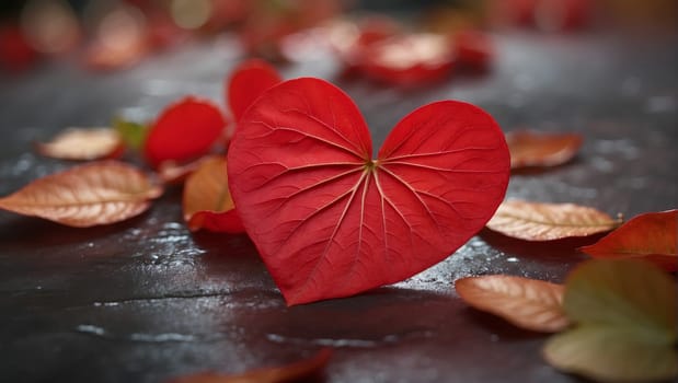 Red heart-shaped leaf on dark background, Valentine's Day, top view