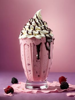 Milkshake with berries on a pink background