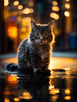 A cat sits on a reflective surface on the ground and is reflected off of it