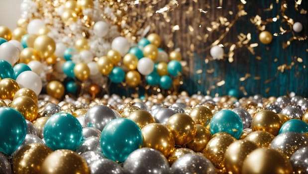 gold and silver balloons with confetti, gold and turquoise colors, happy birthday, Merry Christmas