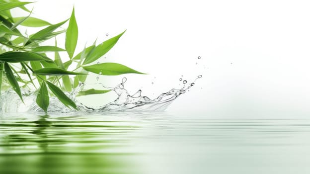 Spa background with green bamboo leaf on white transparent water wave in sunlight, concept with copy space AI