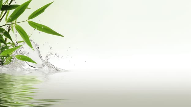 Spa background with green bamboo leaf on white transparent water wave in sunlight, concept with copy space AI