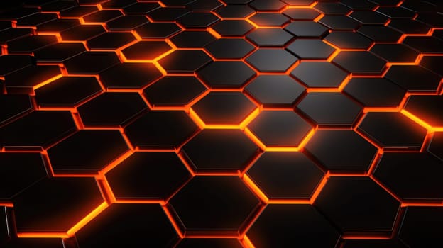 Black background with blue neon hexagon grid. Glowing hex background AI