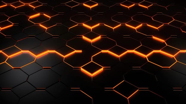 Black background with blue neon hexagon grid. Glowing hex background AI