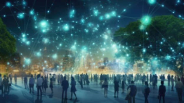 View of a crowd with a network of connections, blurred background. Big data, smart city AI