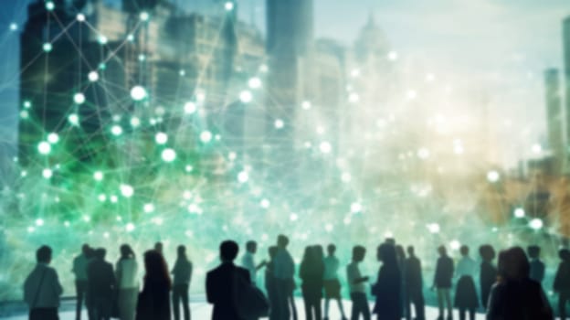 View of a crowd with a network of connections, blurred background. Big data, smart city AI