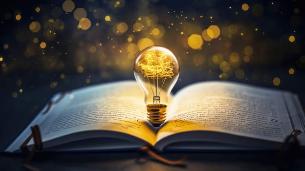 Yellow light bulb. Background sheet of notebook with formulas and books AI