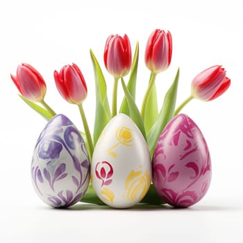 Three Easter eggs and tulips on a white background AI