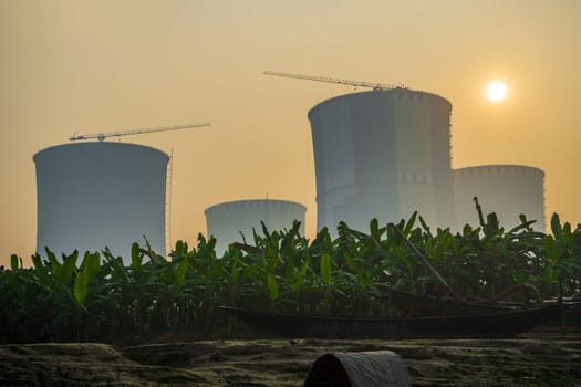 Cooling towers of the Ruppur Nuclear power Plant, Bangladesh. View from the river