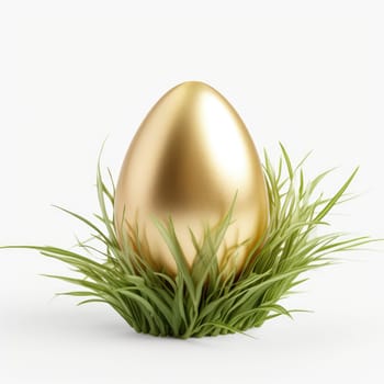 Golden easter egg in grass isolated on a white background. AI