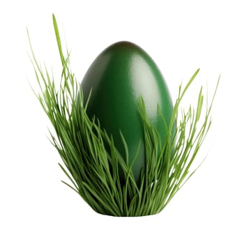 Green easter egg in grass isolated on a white background. AI