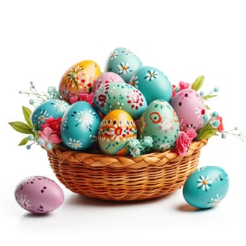 Easter basket filled with hand painted pastel Easter Eggs AI