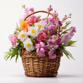 Wicker basket with beautiful spring flowers on white background AI