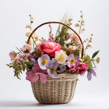 Wicker basket with beautiful spring flowers on white background AI