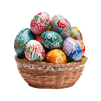 Easter basket filled with hand painted pastel Easter Eggs AI