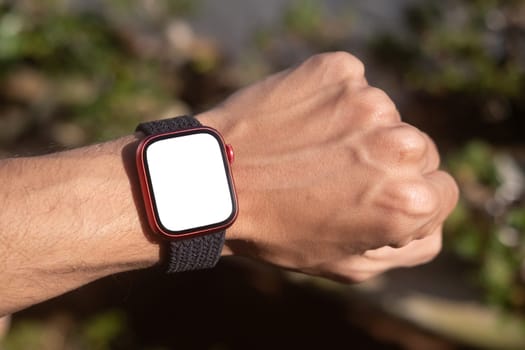 Male hand with smart watch mockup isolated on defocused garden background. High quality photo