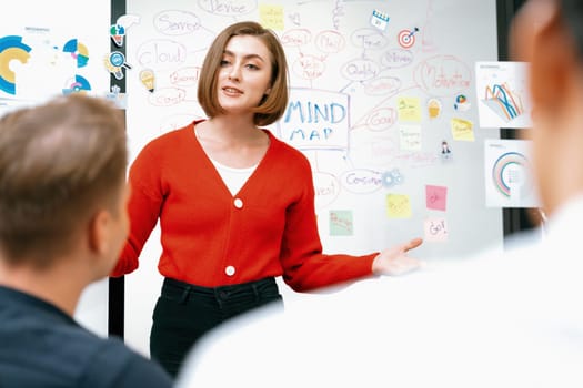 Professional attractive female leader presents creative marketing plan by using brainstorming mind mapping statistic graph and colorful sticky note at modern business meeting room. Immaculate.