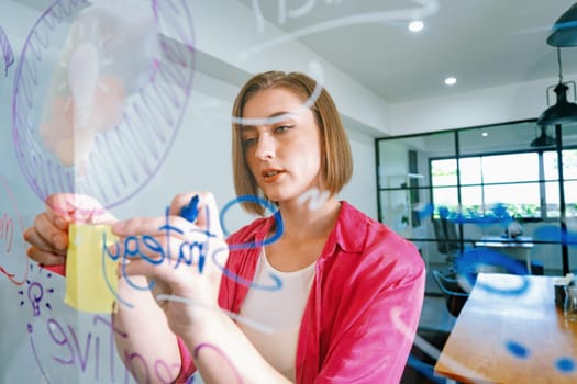 Closeup of attractive smart caucasian businesswoman brainstorms and planing marketing idea by using mind map and colorful sticker on glass board. Creative start up business concept. Immaculate.