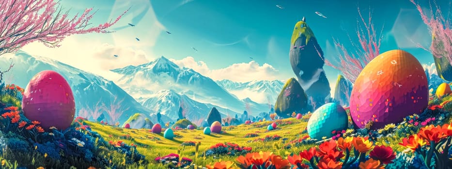 Vibrant Easter concept with oversized eggs in a mountainous landscape. banner