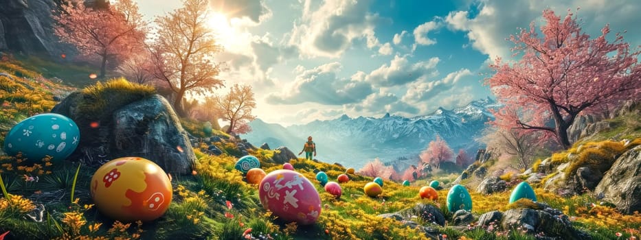 Whimsical Easter landscape with decorated eggs and a figure enjoying the scenery. banner