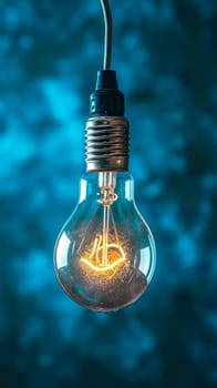 Glowing light bulb with sparkling filaments against a cool blue background. vertical