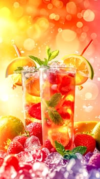 Refreshing summer drinks with ice, strawberries, and mint in a vibrant, sunny setting. vertical