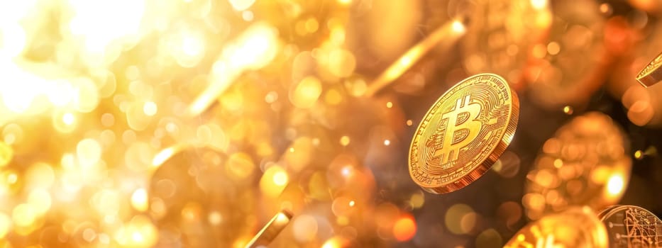 Bitcoin cryptocurrency concept with coins in dynamic motion on a golden bokeh background. banner with copy space