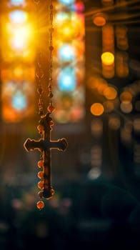 A backlit Christian cross with a bokeh effect creating a spiritual and serene atmosphere. vertical