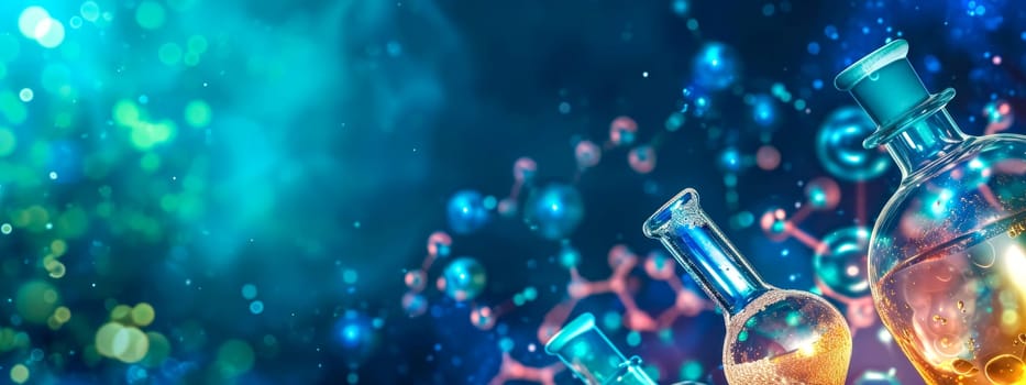 Science concept with laboratory flasks and molecular structures in a vibrant, glowing composition. banner with copy space