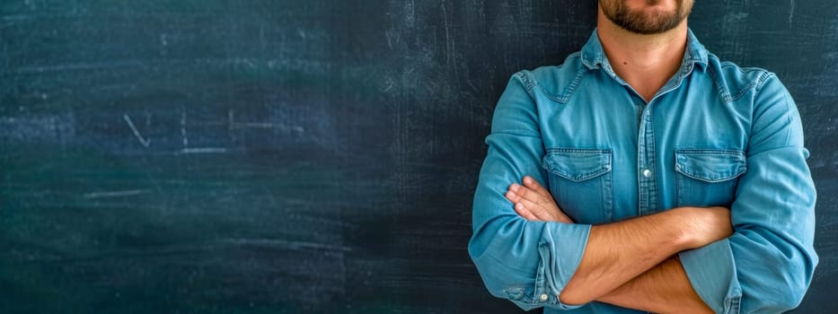 Confident man in a denim shirt with arms crossed, standing in front of a chalkboard. banner with copy space