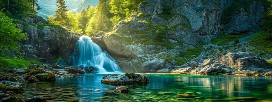 A serene mountain landscape featuring a cascading waterfall, lush greenery, and a tranquil river. banner