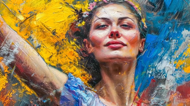 portrait of a woman gazing upwards, her pose suggesting hope or aspiration, set against a backdrop of peeling yellow and blue paint, possibly symbolizing the Ukrainian flag
