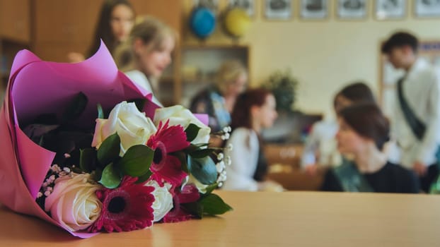 First day of school. Flowers lie on the table to celebrate the day of school