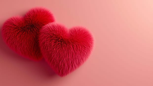 Several colorful fur hearts. Fur heart shapes on pink background, denoting love and care. Valentine's Day and donations. High quality photo