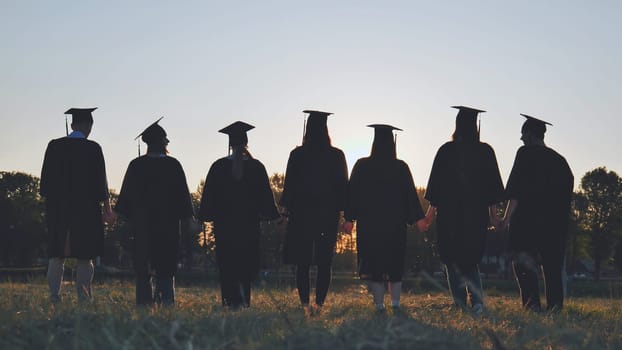 Silhouettes of college graduates standing in a meadow