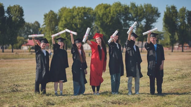 Young graduates pose with diplomas in hand on the street
