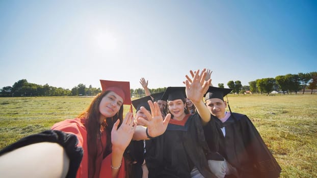 College alumni take selfies in the meadow