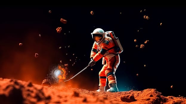 Astronaut playing golf on a beautiful alien planet standard illustration capturing the whimsical concept of space exploration and leisure.