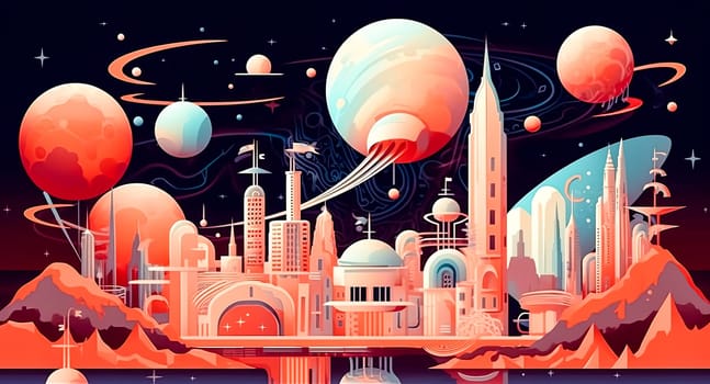 Futuristic night city on a colorful background with bright lights standard illustration of a future city on an unknown planet. Space trip concept.