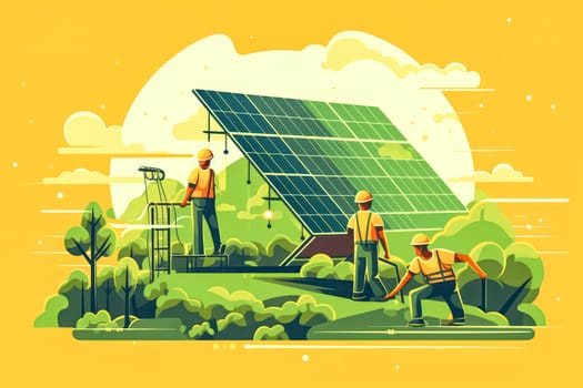illustration of men and women making sustainable, eco friendly lifestyle choices recycling, growing plants, using renewable energy sources. Standard visual concept.