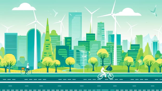 Cyclists and cars in the city standard illustration showcasing green energy and eco friendly transportation.