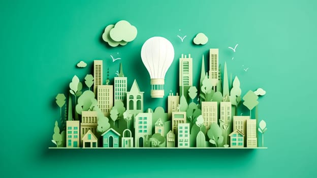 Green eco city with light bulb on white background save energy and nature. Environmental and ecology concept, sustainable development. illustration.