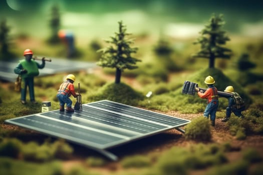 Miniature workers near solar panels standard illustration capturing the concept of renewable energy and sustainable practices in a miniature world.