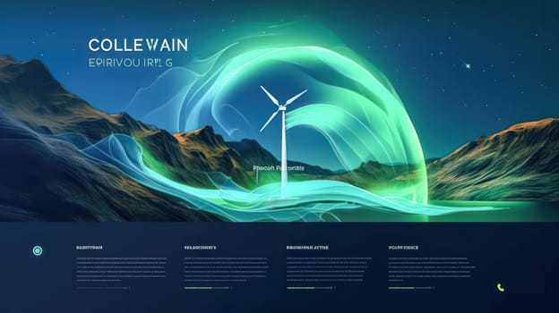 Flat style concept of an eco home private house with solar panels, wind turbines, and mountains in the background. Standard illustration for renewable energy and ecology.